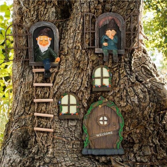 7 Pcs Fairy Garden Accessories Tree Hugger Gnome Statue Fairy Door Window Set - Picture 7 of 8
